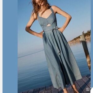 Anthropologie Holding Horses Jumpsuit Women 0 Blue Chambray Cut Out Wide Leg